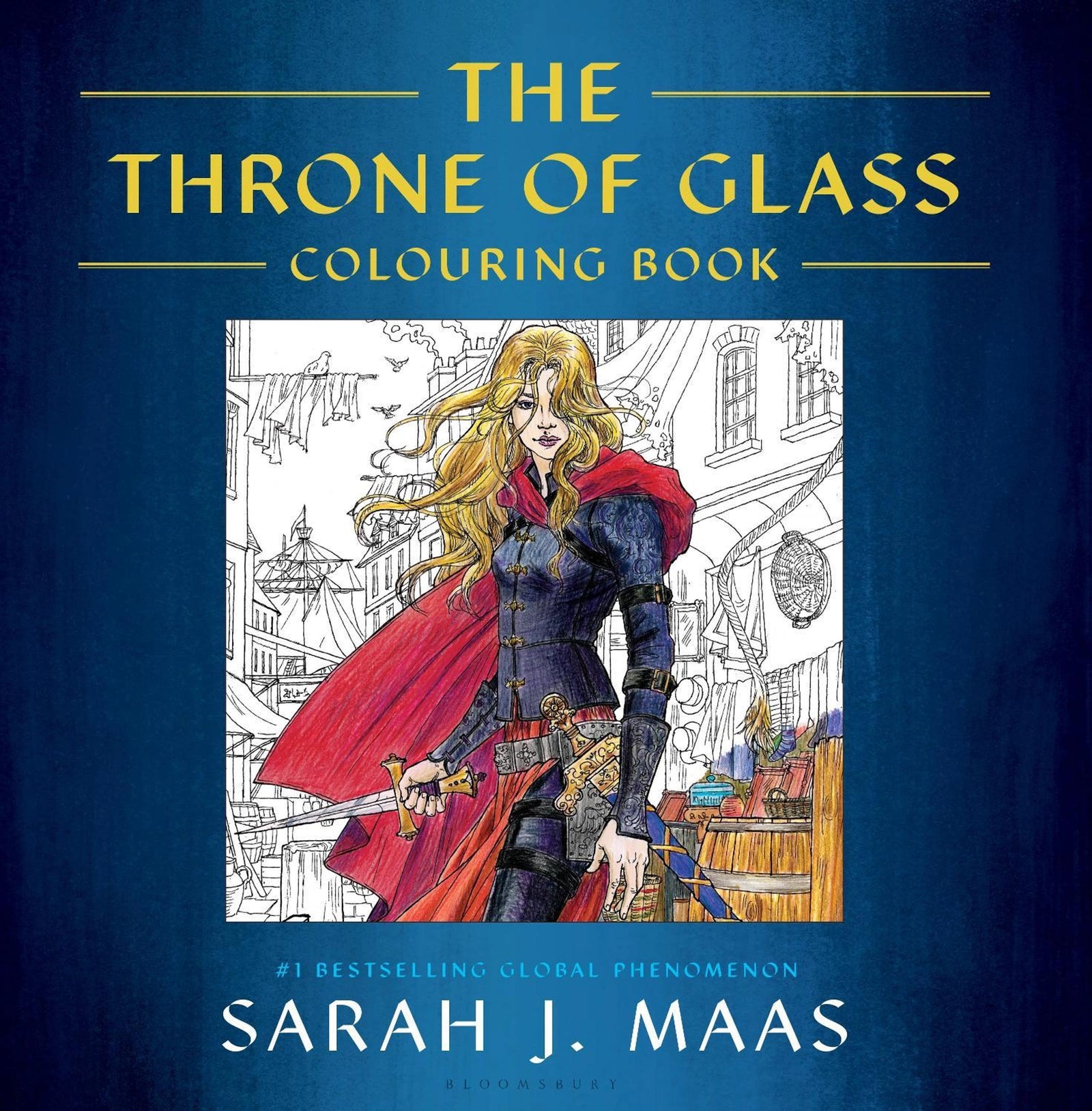 Book cover of 'The Throne of Glass Colouring Book' by Sarah J. Maas with a character illustration on a blue background