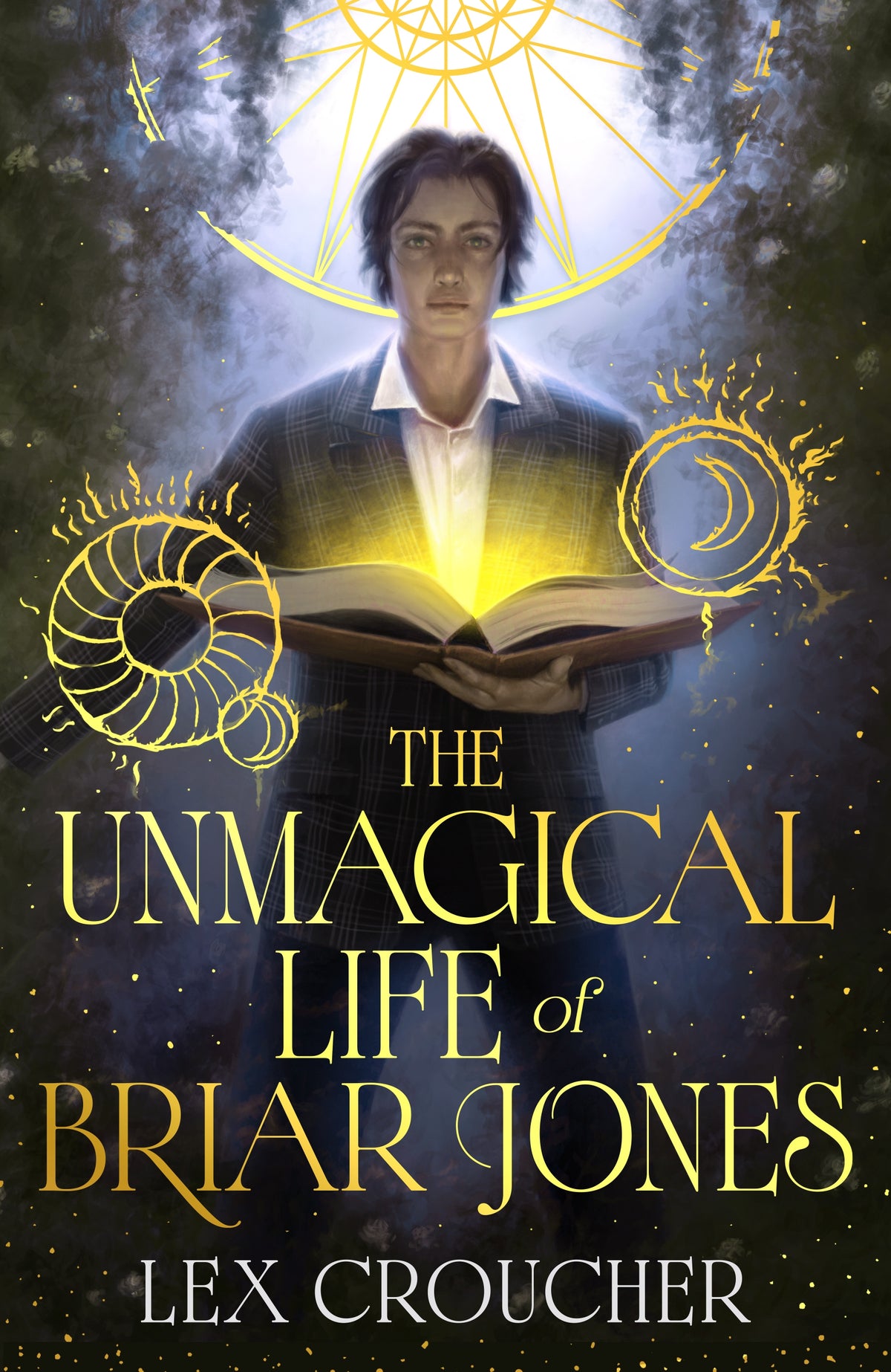 Book cover of 'The Unmagical Life of Briar Jones' with a person holding an open book against a mystical background.