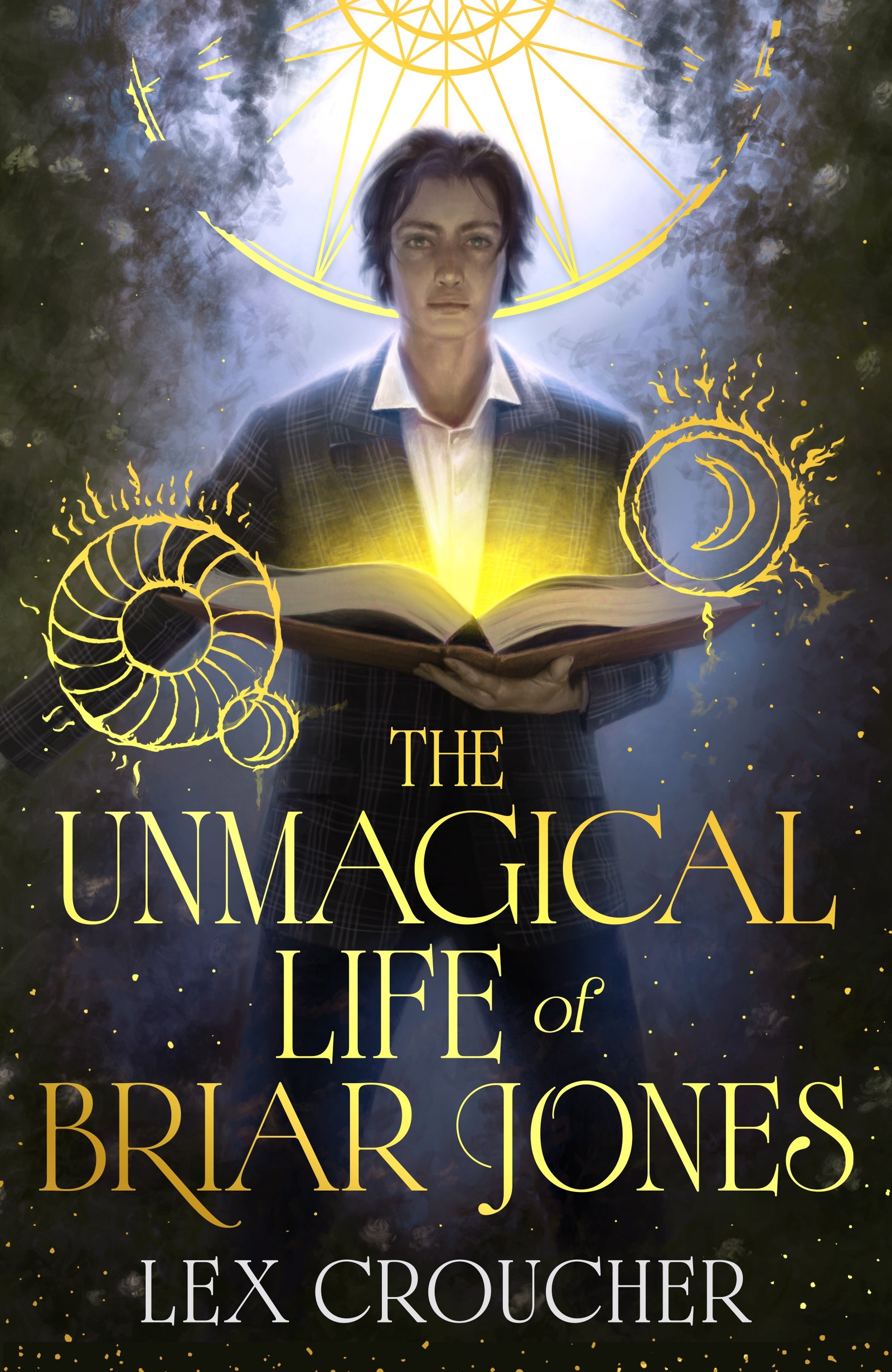 Book cover of 'The Unmagical Life of Briar Jones' with a person holding an open book against a mystical background.