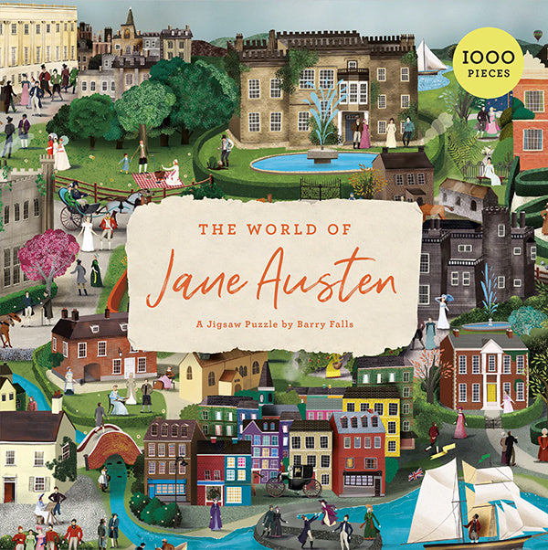 Jigsaw puzzle box featuring a scene from 'The World of Jane Austen' with buildings and people.