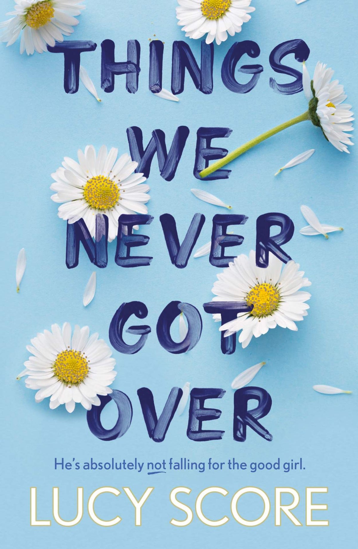 Book cover of 'Things We Never Got Over' with white daisies on a blue background 