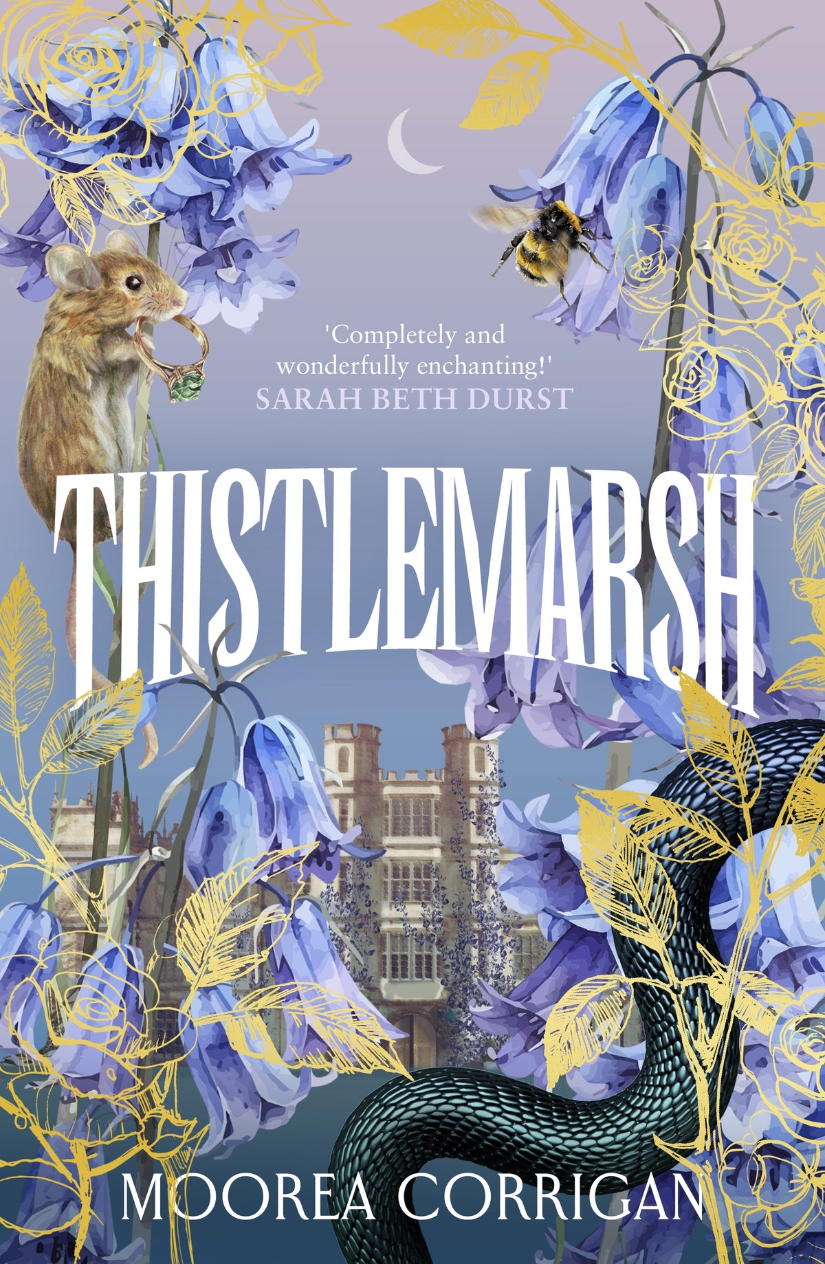 Book cover of 'Thistlemarsh' featuring blue bellflowers and a black snake in front of a large castle 