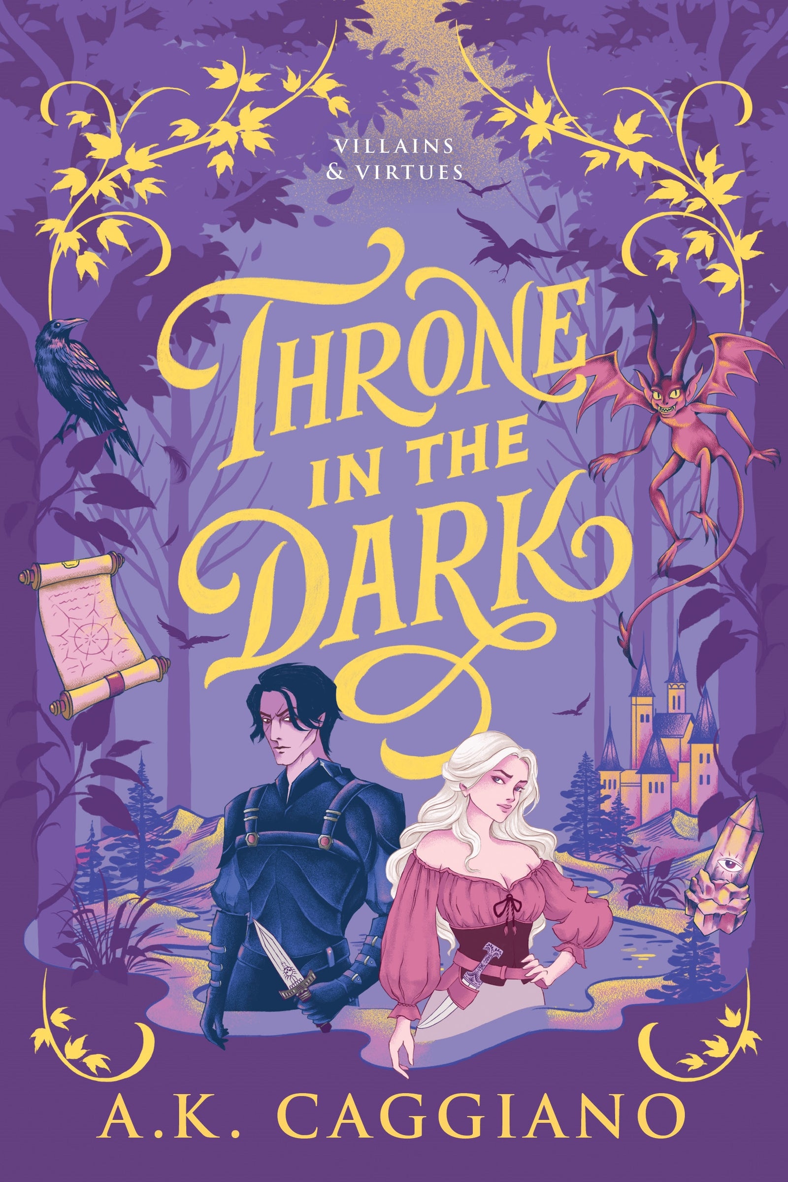 Book cover of 'Throne in the Dark' with two characters and decorative elements on a purple background with a castle 
