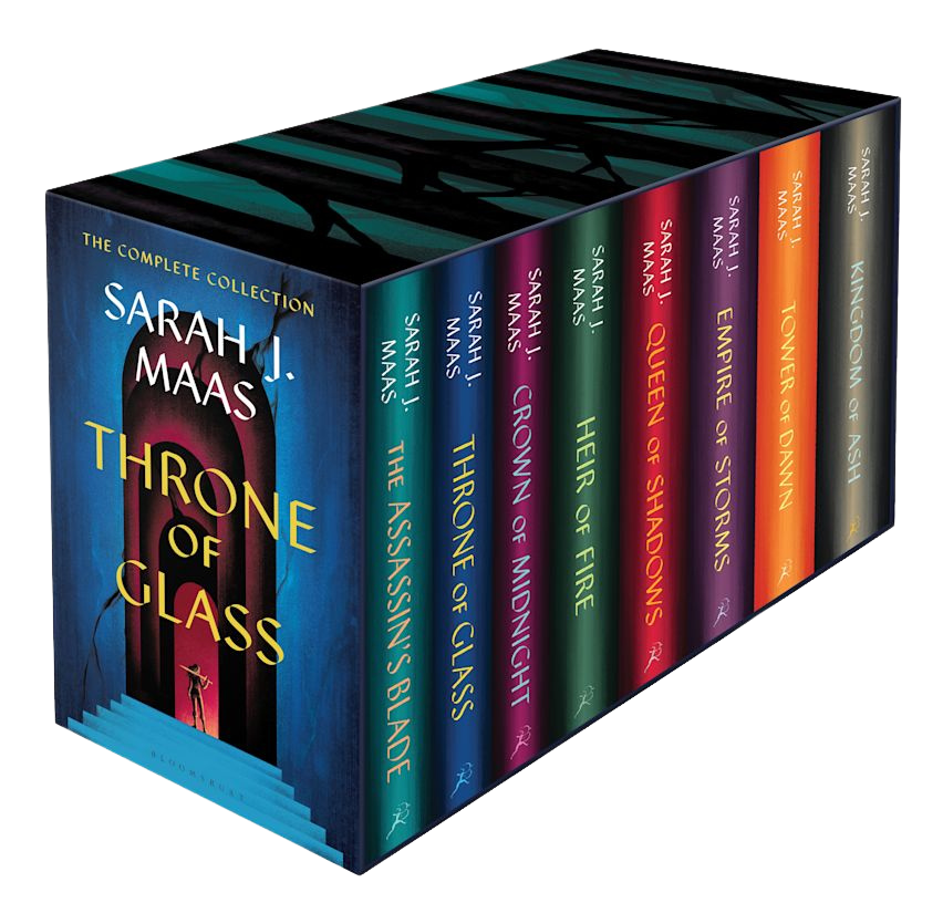 Set of the 'Throne of Glass' series in a teal box with dark trees 