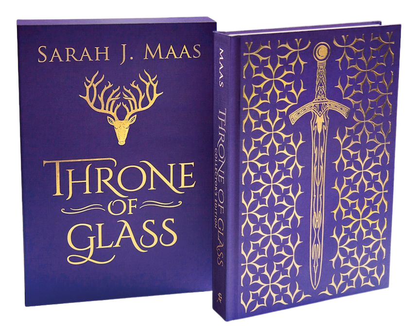 Book cover of 'Throne of Glass' with gold details and a sword on a purple background