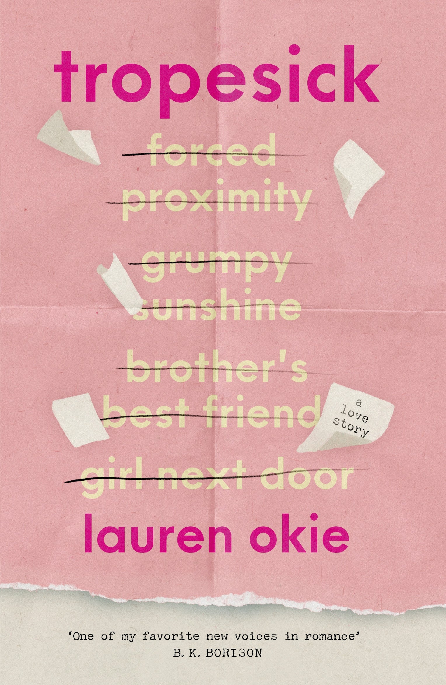 Book cover of 'Tropesick' by Lauren Okie with pink background and yellow text.