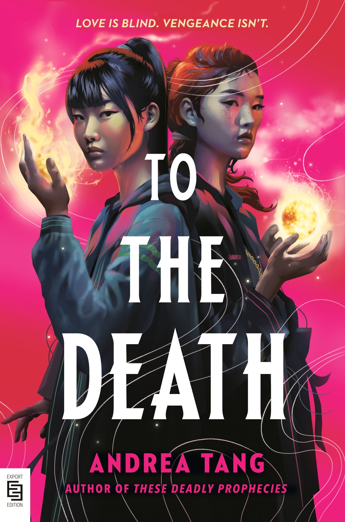 Book cover of 'To the Death' featuring two characters with glowing hands against a pink background.