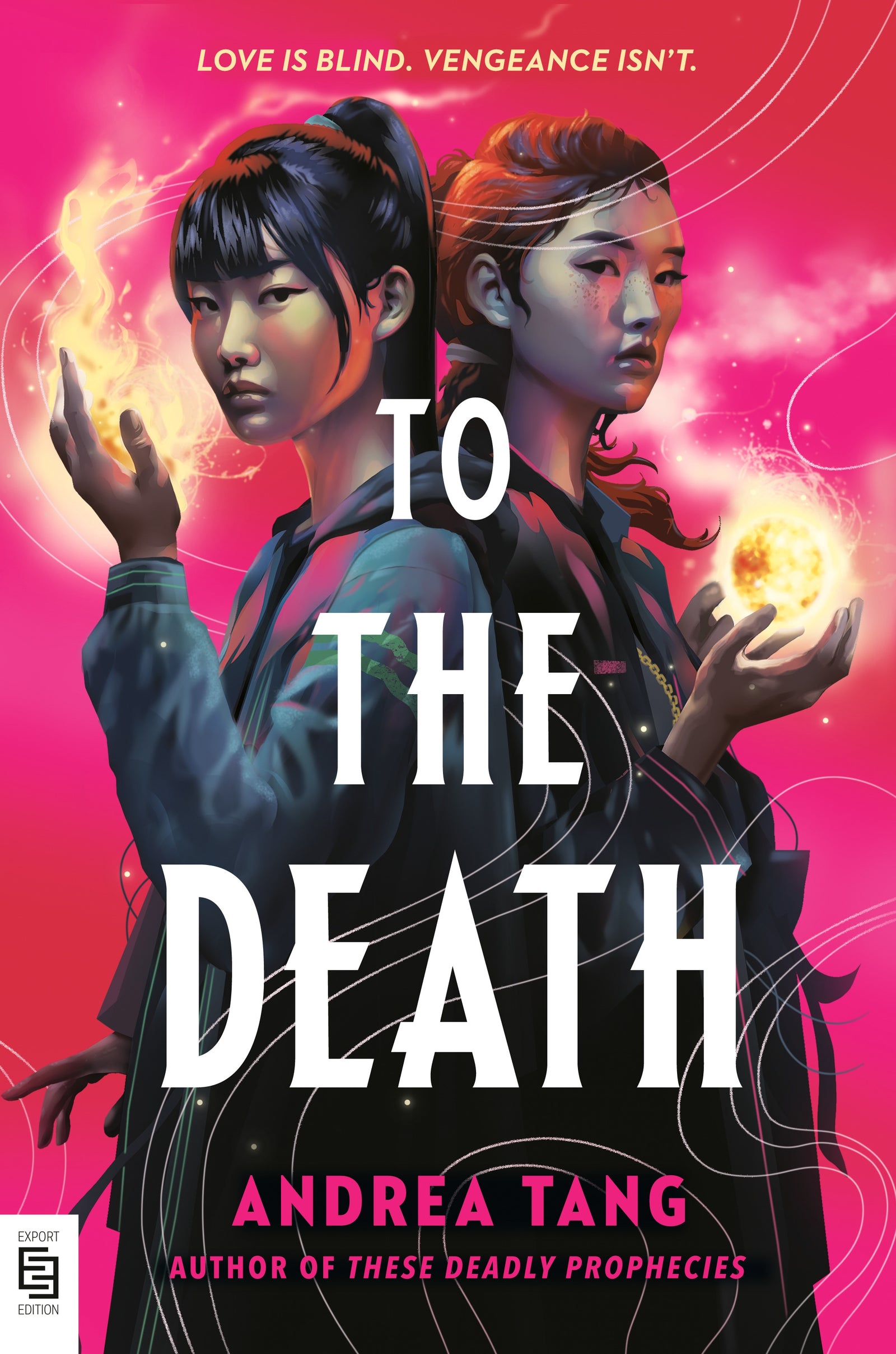 Book cover of 'To the Death' featuring two characters with glowing hands against a pink background.