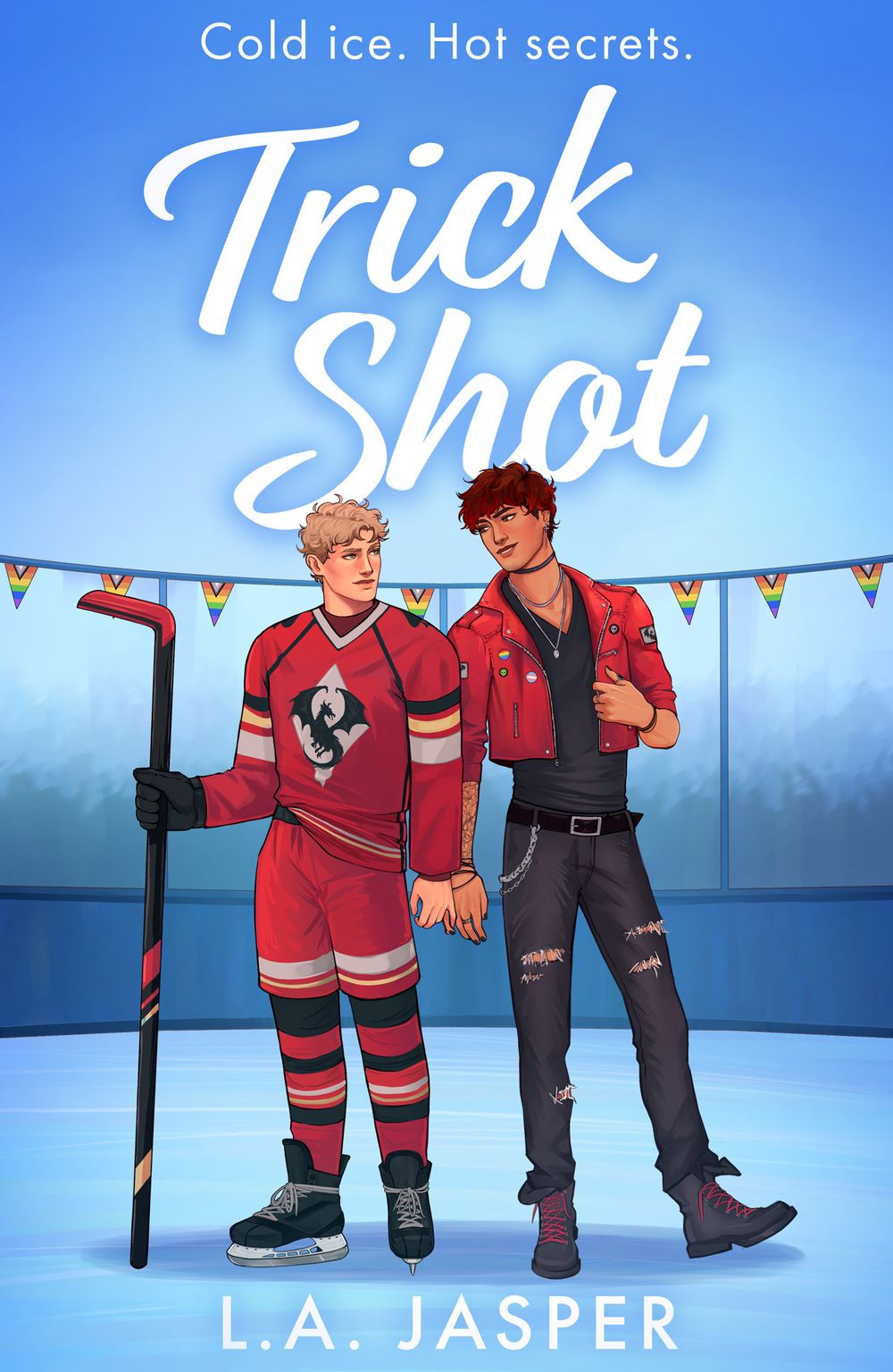 Book cover of 'Trick Shot' featuring two men in hockey gear on an ice rink holding hands 