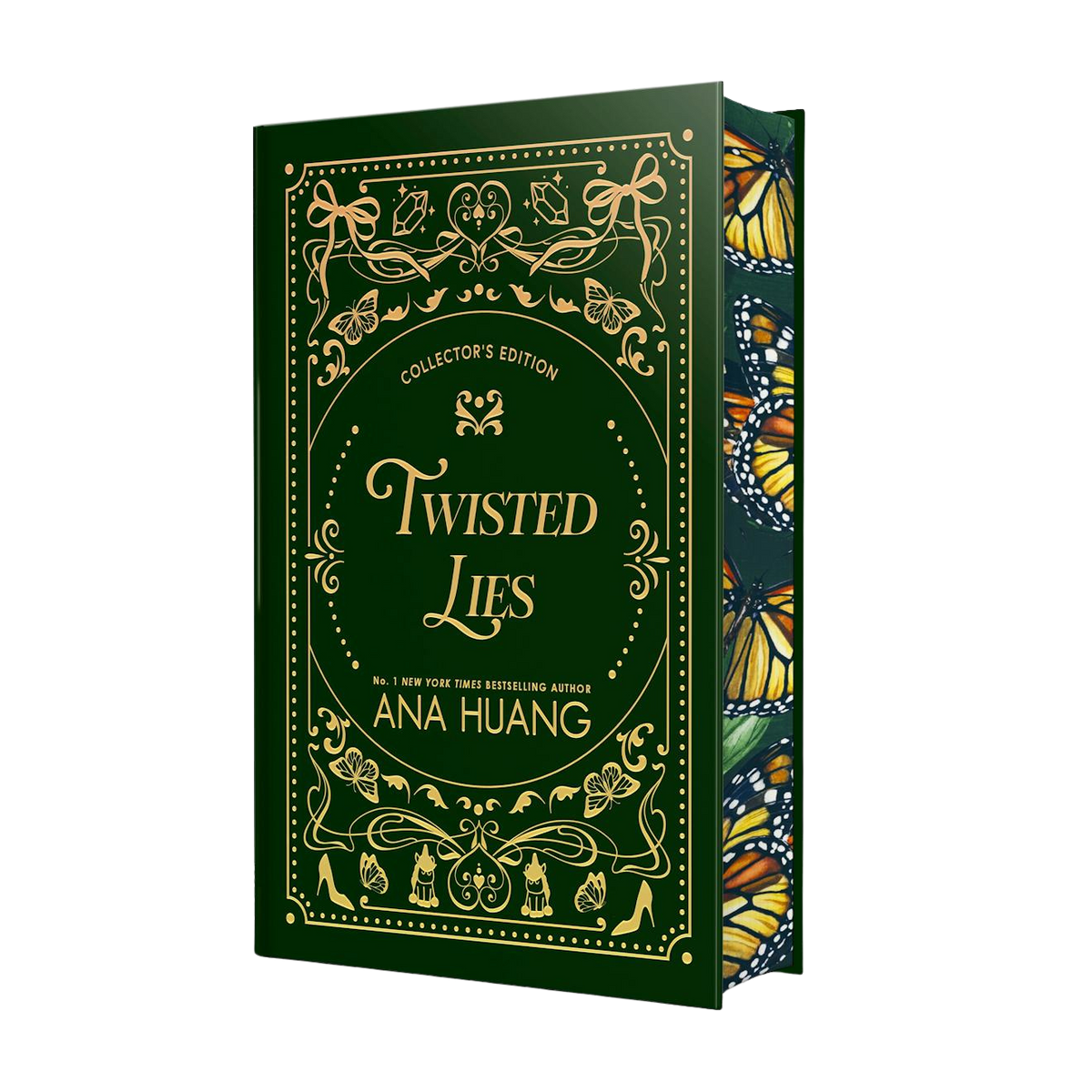 Book titled 'Twisted Lies' by Ana Huang with decorative green cover and butterfly illustrations.