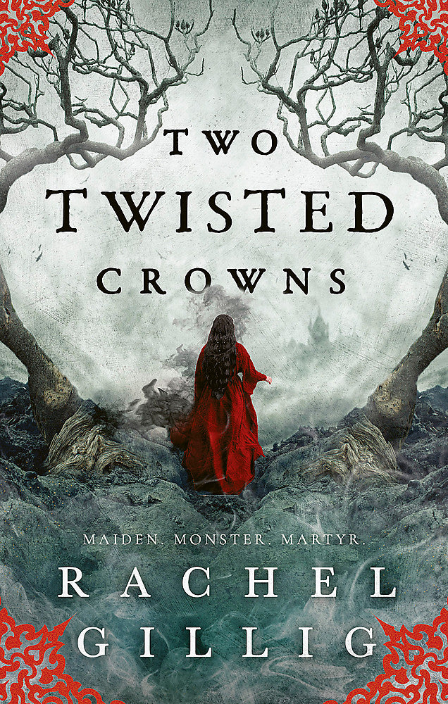 Book cover of 'Two Twisted Crowns' featuring a woman in a red cloak standing in a misty forest