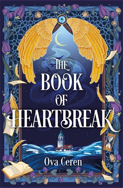Book cover of &#39;The Book of Heartbreak&#39; with decorative elements and a night sky.