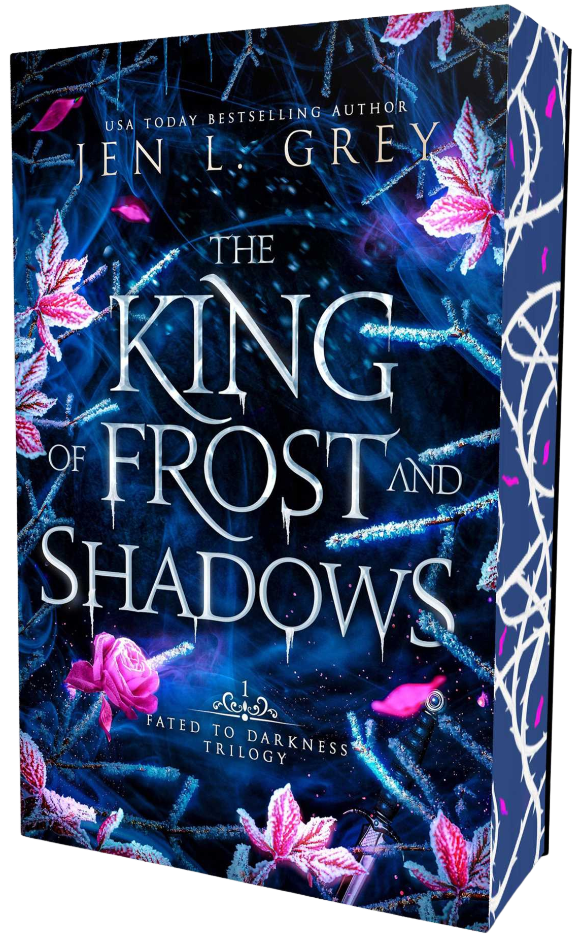 Book cover of 'The King of Frost and Shadows' by Jen L. Grey with floral design
