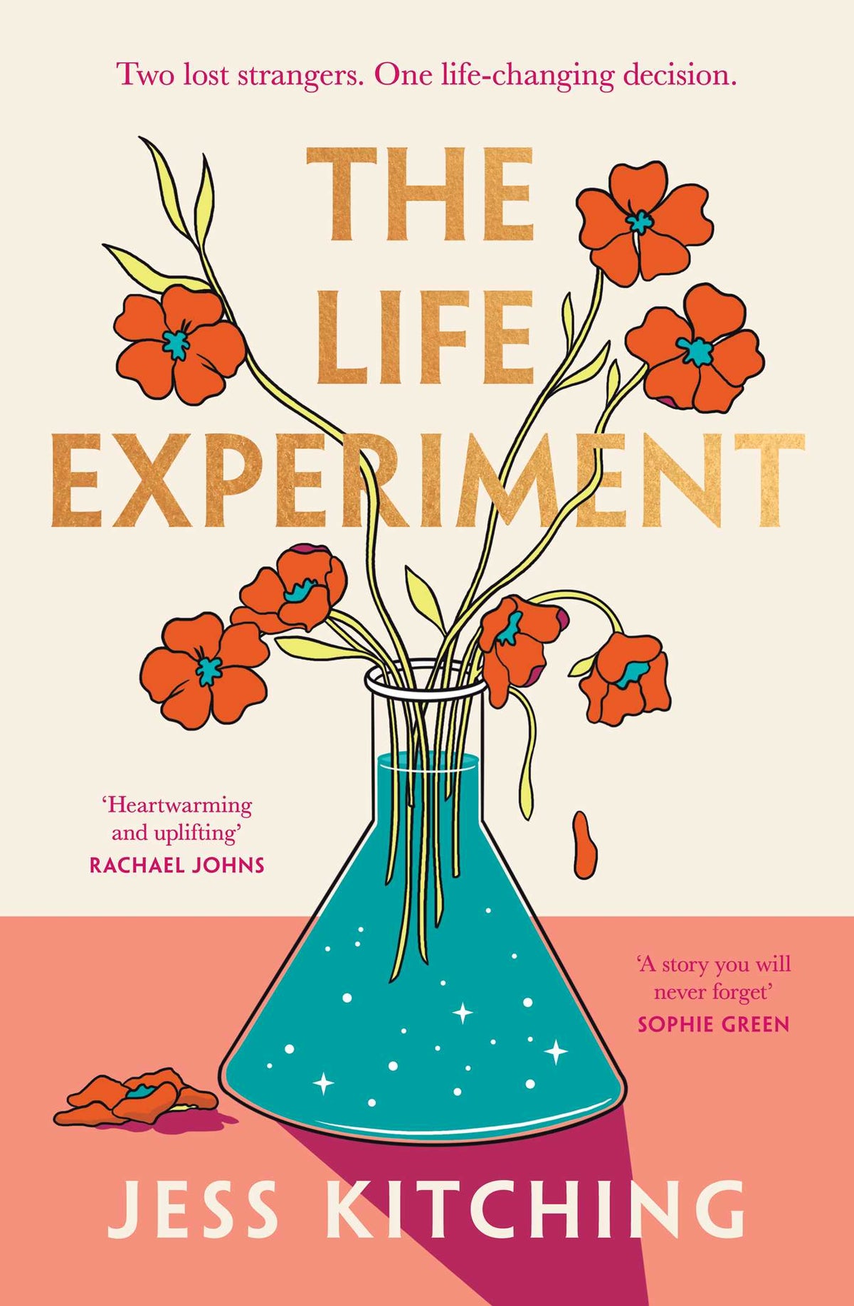 Book cover of &#39;The Life Experiment&#39; with a blue beaker and orange flowers on a pink background.