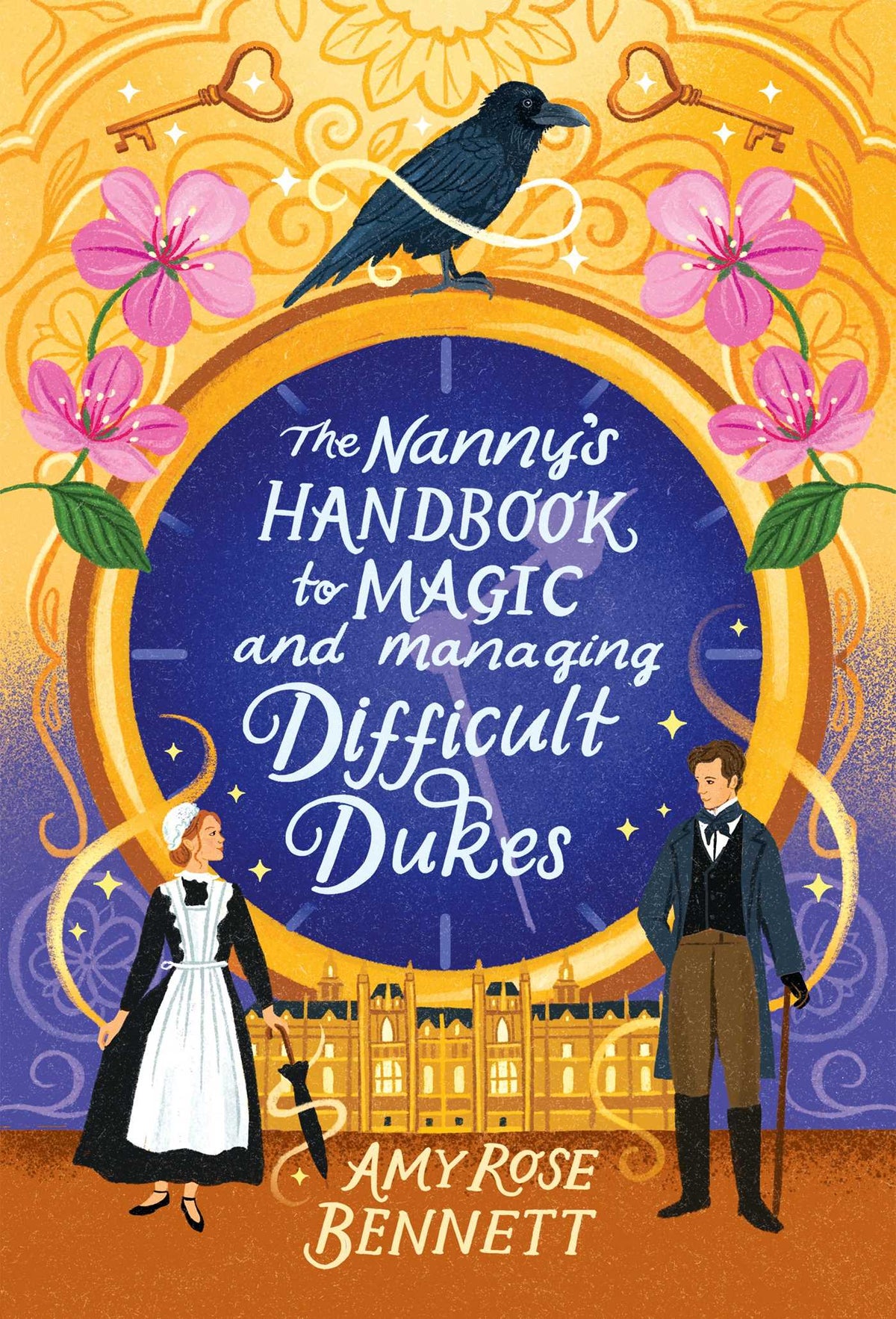 Book cover of &#39;The Nanny&#39;s Handbook to Magic and Managing Difficult Dukes&#39; with a nanny and duke illustration.
