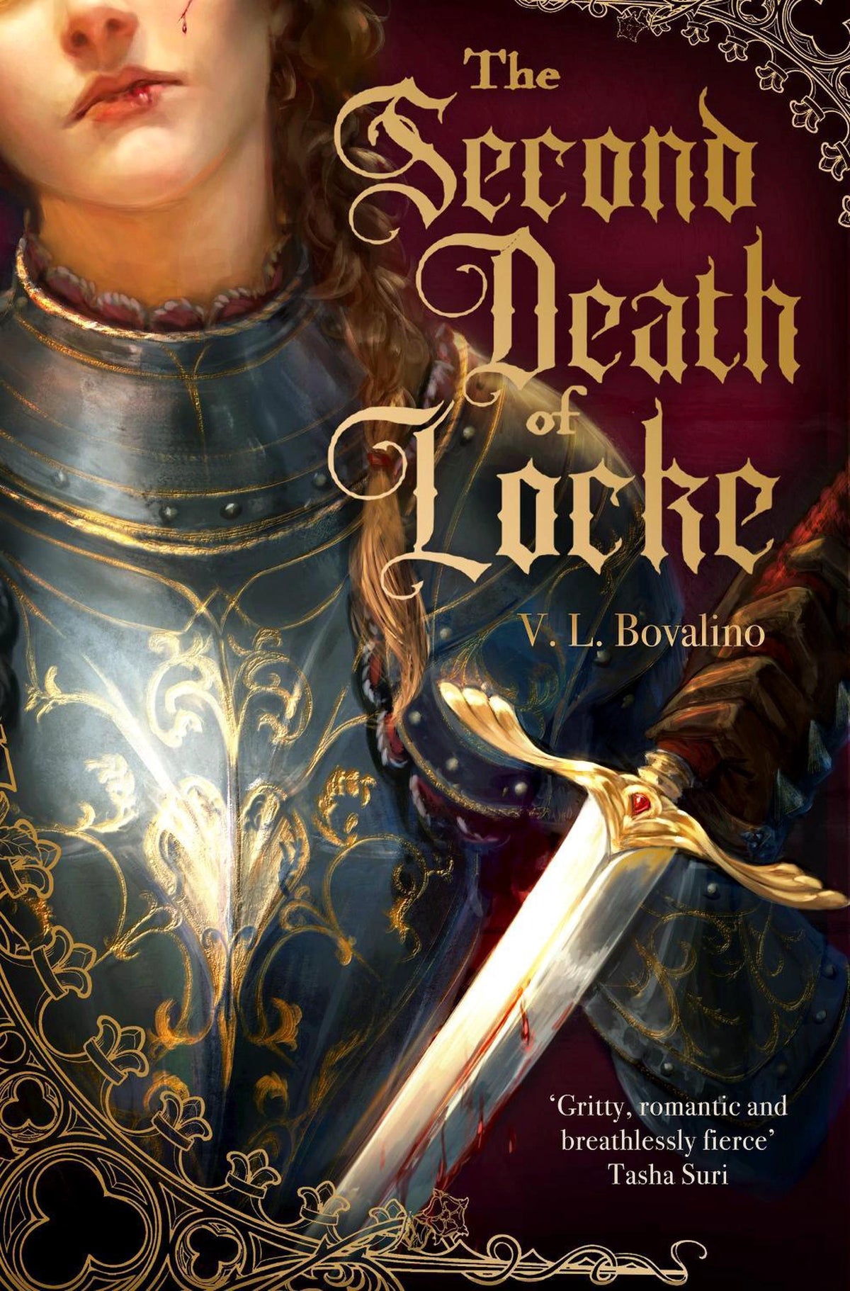 Book cover of &#39;The Second Death of Locke&#39; with a character in armor and a sword.