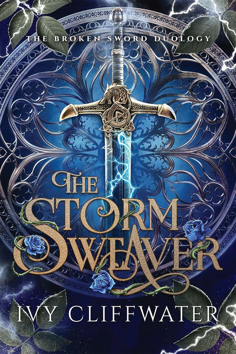 Book cover of 'The Storm Weaver' from 'The Broken Sword Duology' with a sword and decorative elements.