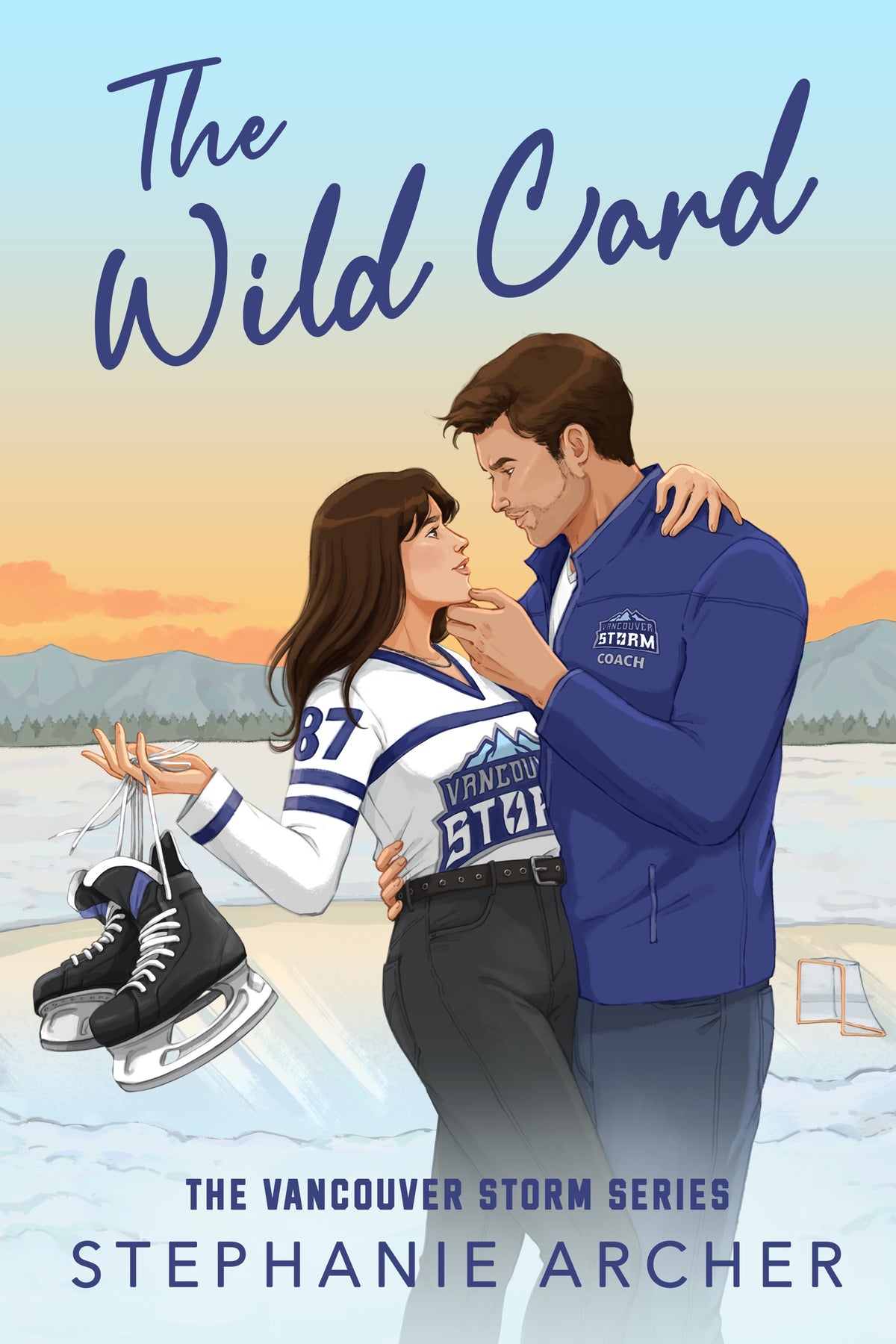 Book cover of 'The Wild Card' featuring a couple by a lake with hockey equipment.