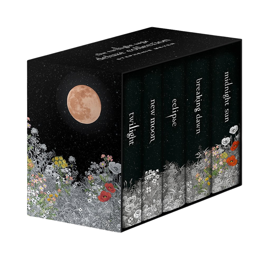 Collection of books titled &#39;Twilight&#39; series with a moon and floral design on the cover.