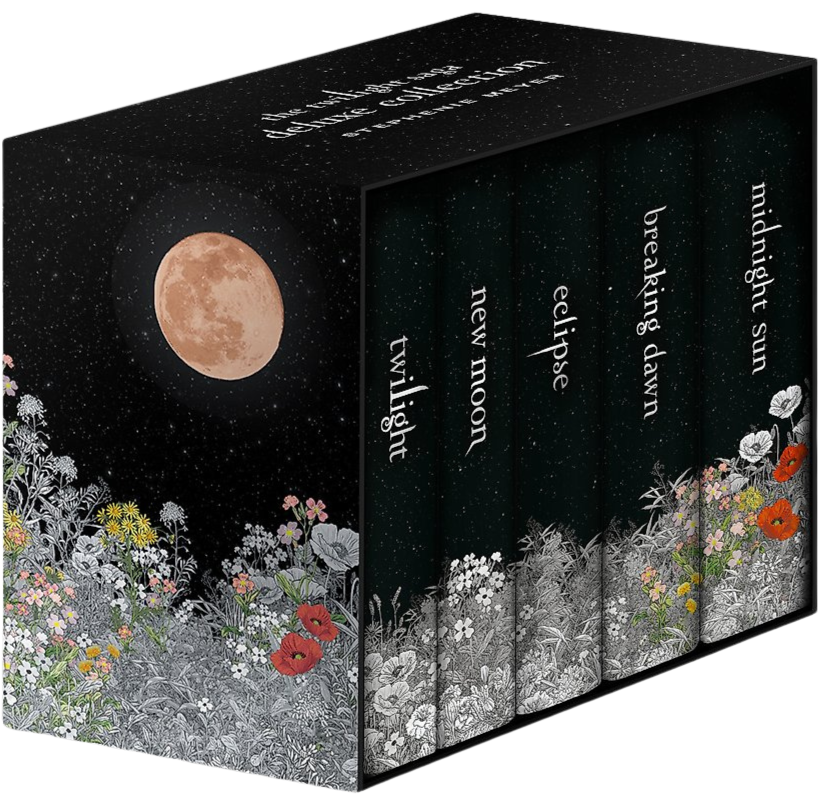 Collection of books titled 'Twilight' series with a moon and floral design on the cover.