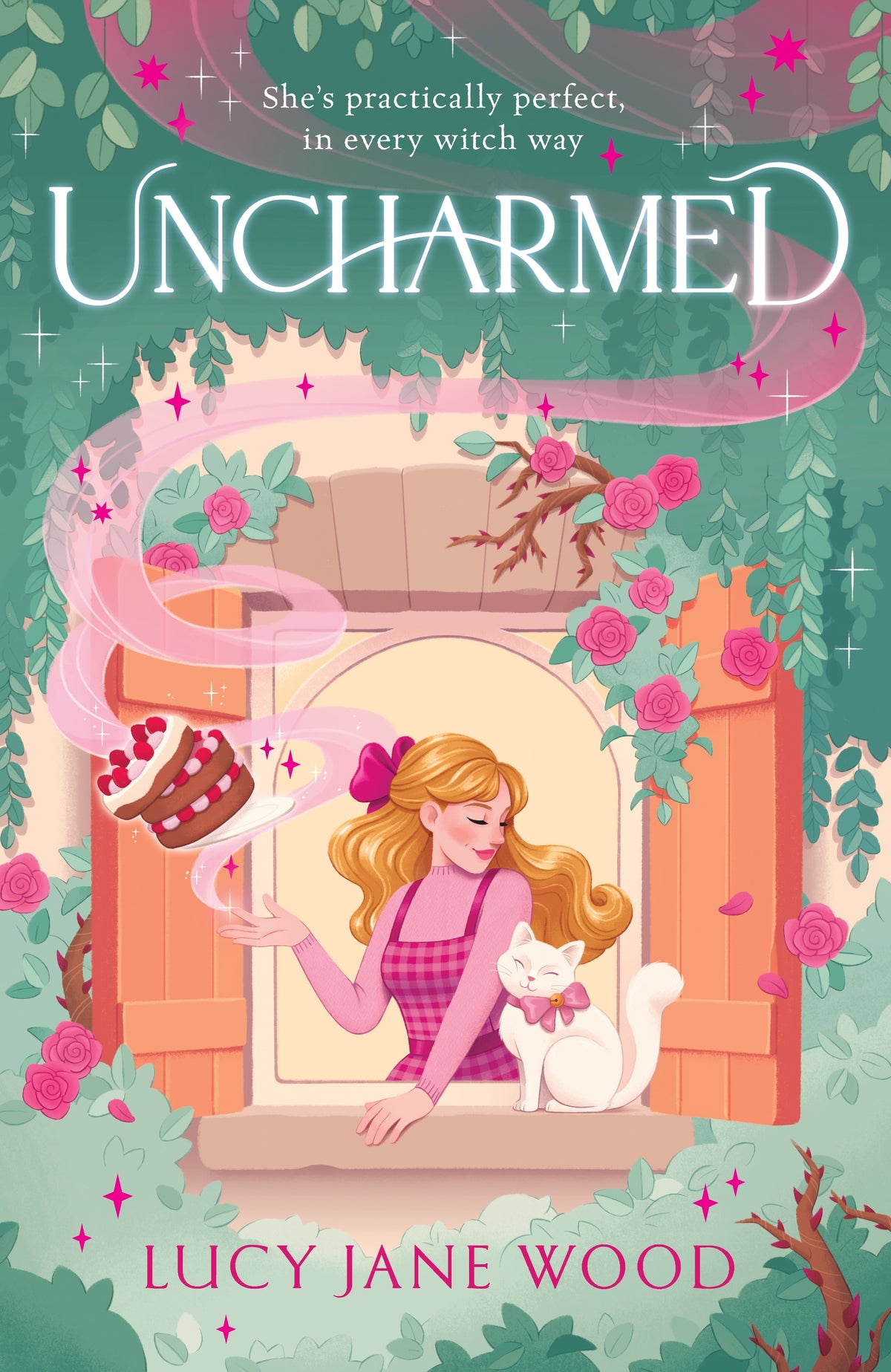 Book cover of 'Uncharmed' by Lucy Jane Wood with a girl and cat looking out a window holding a cake 