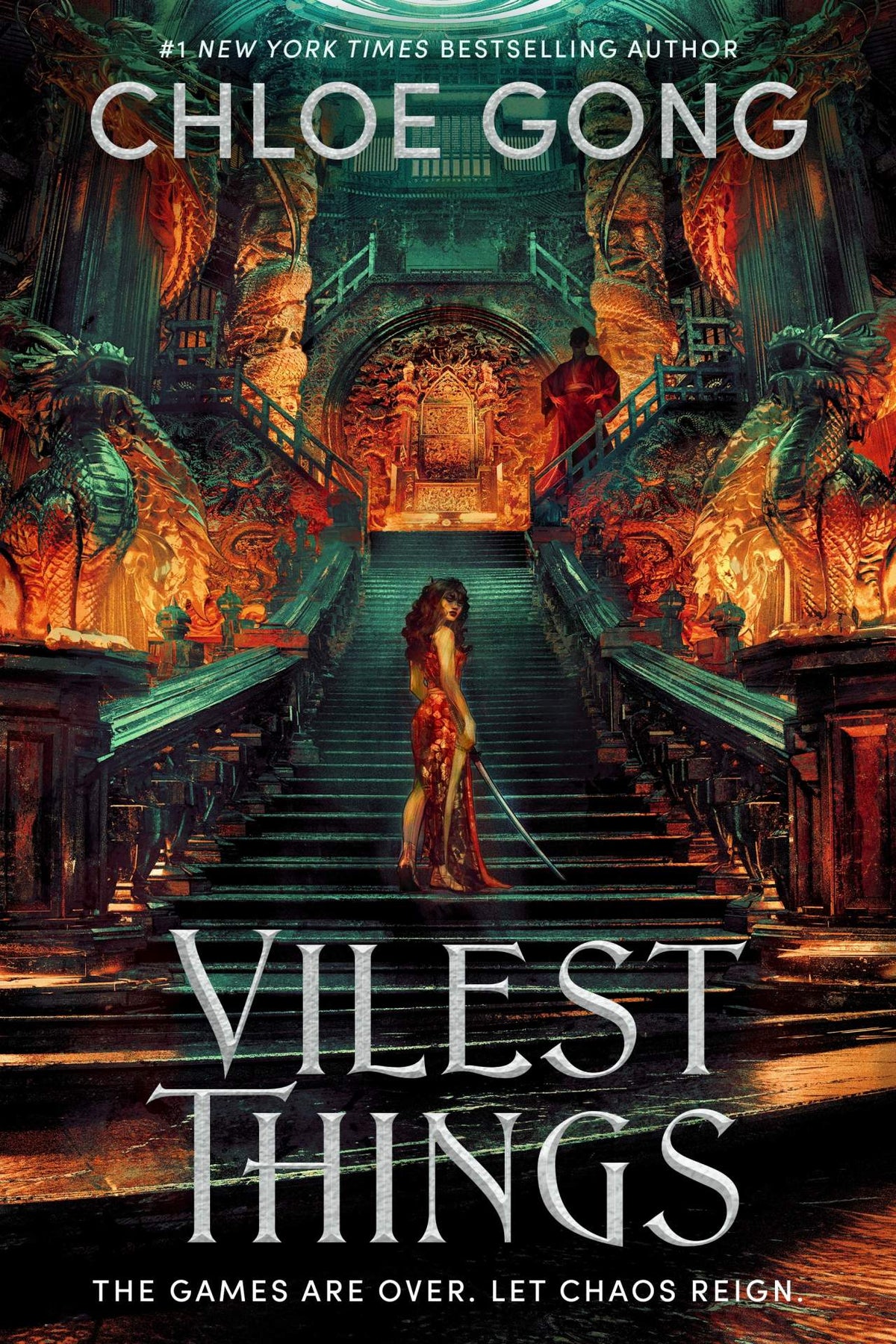 Book cover of 'Vilest Things' by Chloe Gong with a woman on a staircase in an ornate hall.