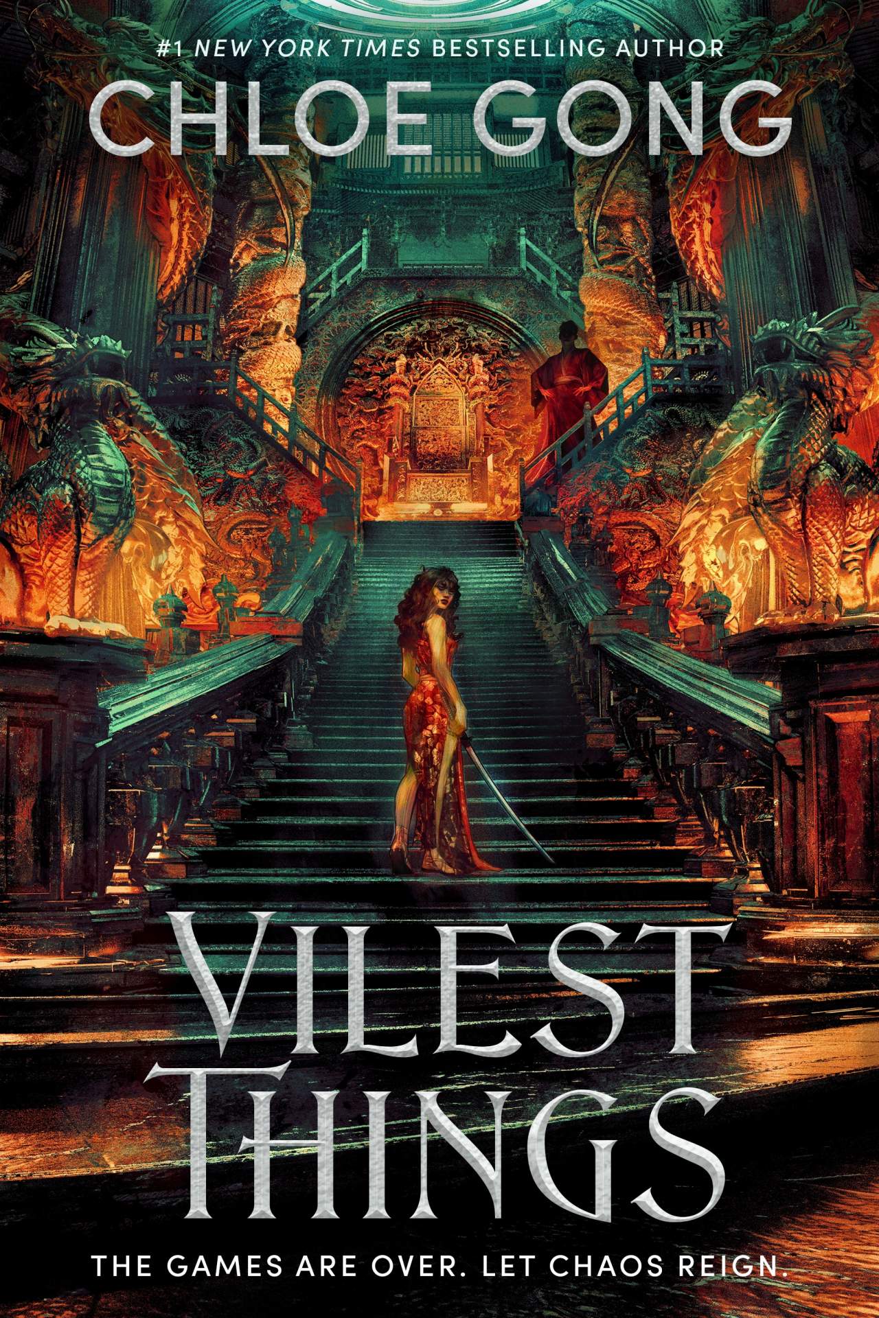 Book cover of 'Vilest Things' by Chloe Gong with a woman on a staircase in an ornate hall.