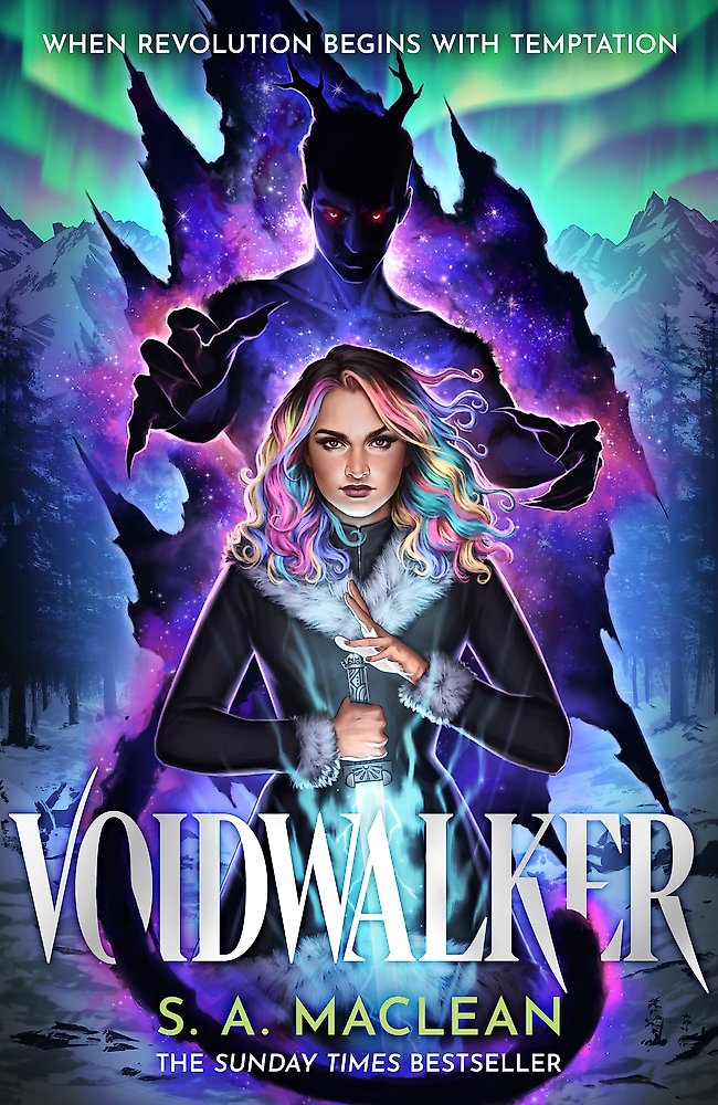 Book cover of &#39;Voidwalker&#39; featuring a woman with colorful hair and a dark figure in a forest setting.