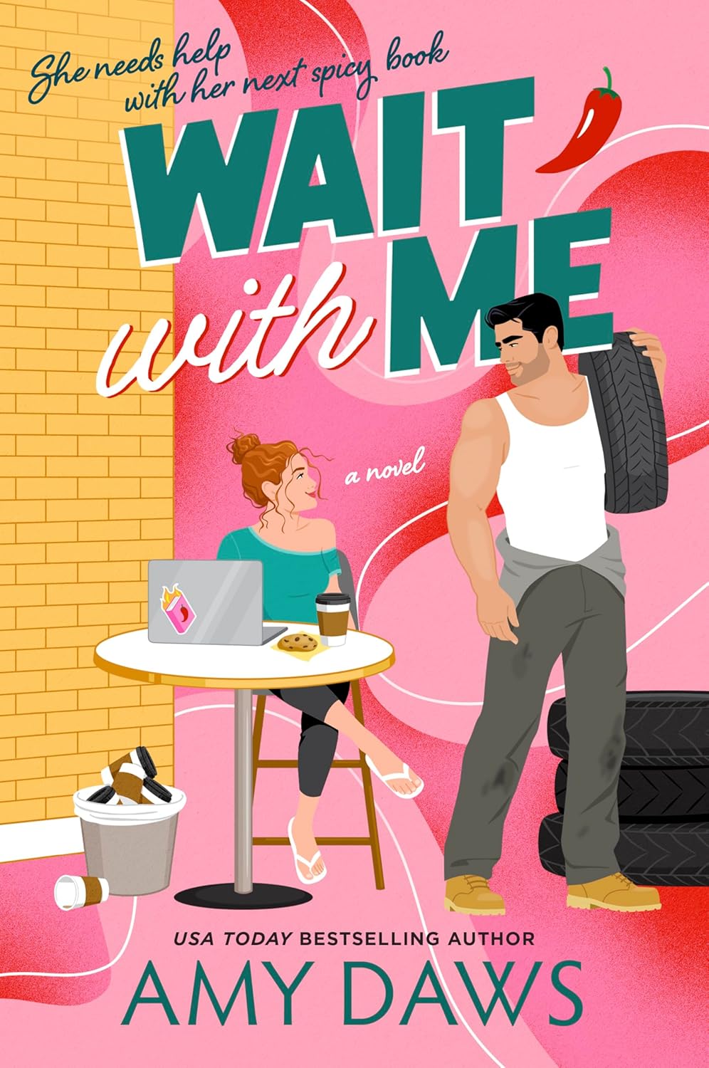 Book cover of 'Wait With Me' featuring a woman working at a table and a man holding a tire
