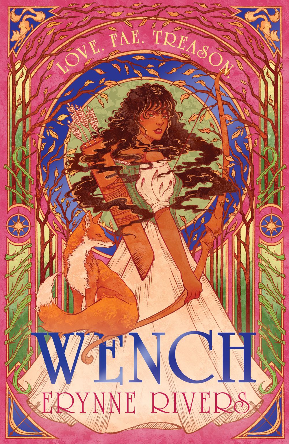 Book cover of 'Wench' with decorative elements and a woman holding a bow and arrow with a fox 