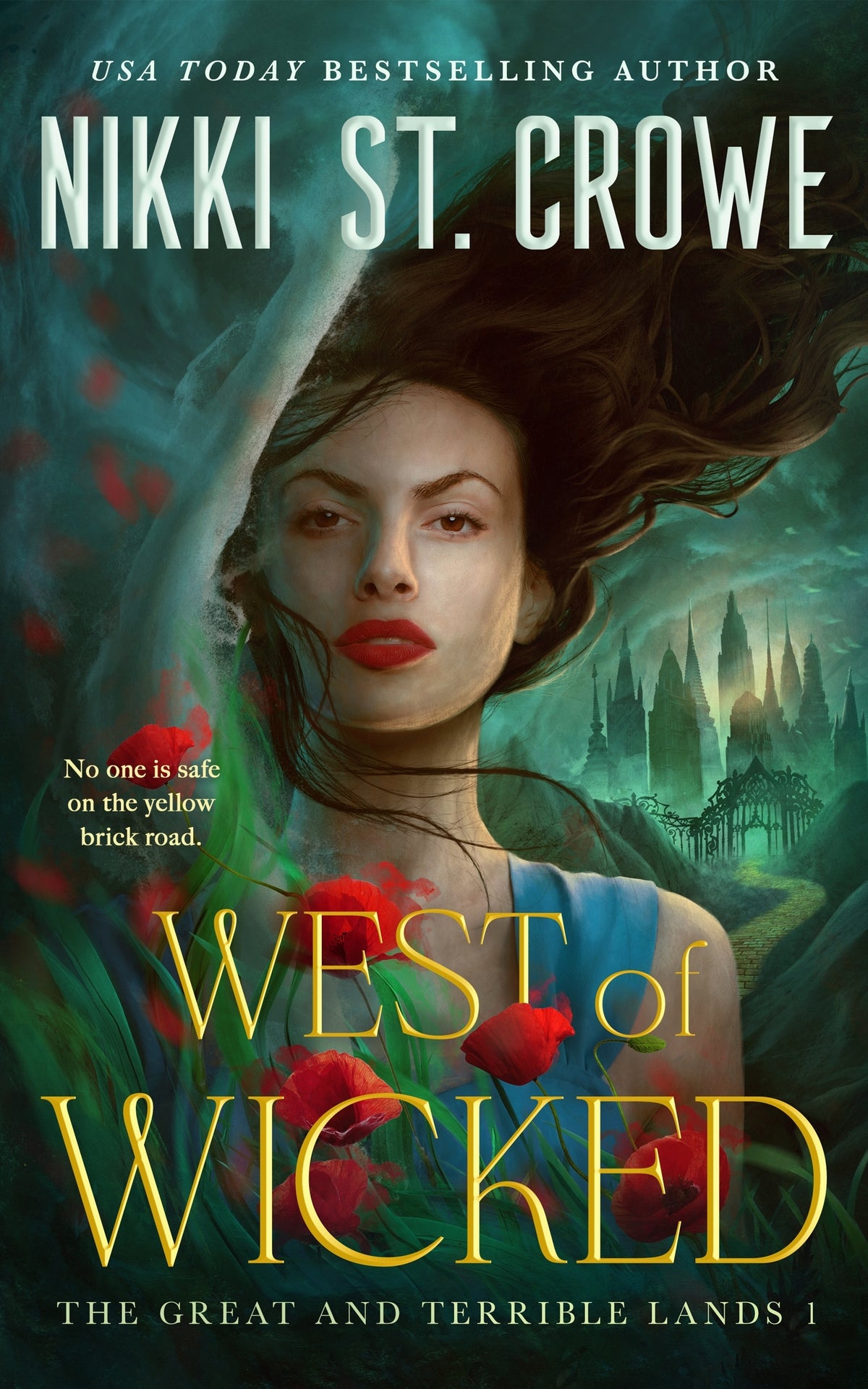 Book cover of 'West of Wicked' by Nikki St. Crowe with a woman's face and fantasy elements.
