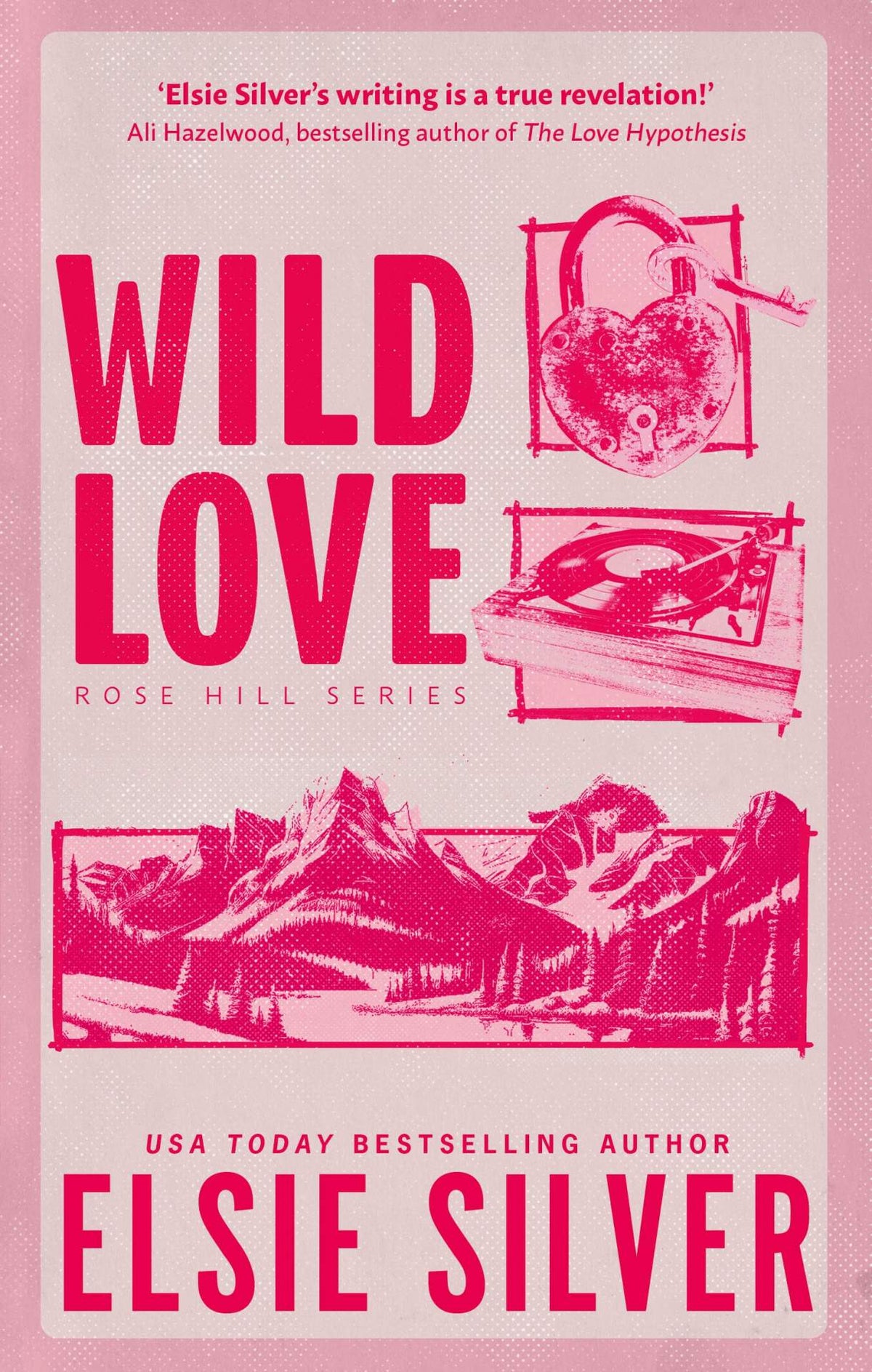 Book cover of 'Wild Love' featuring pink renderings of a mountain range and shaped lock