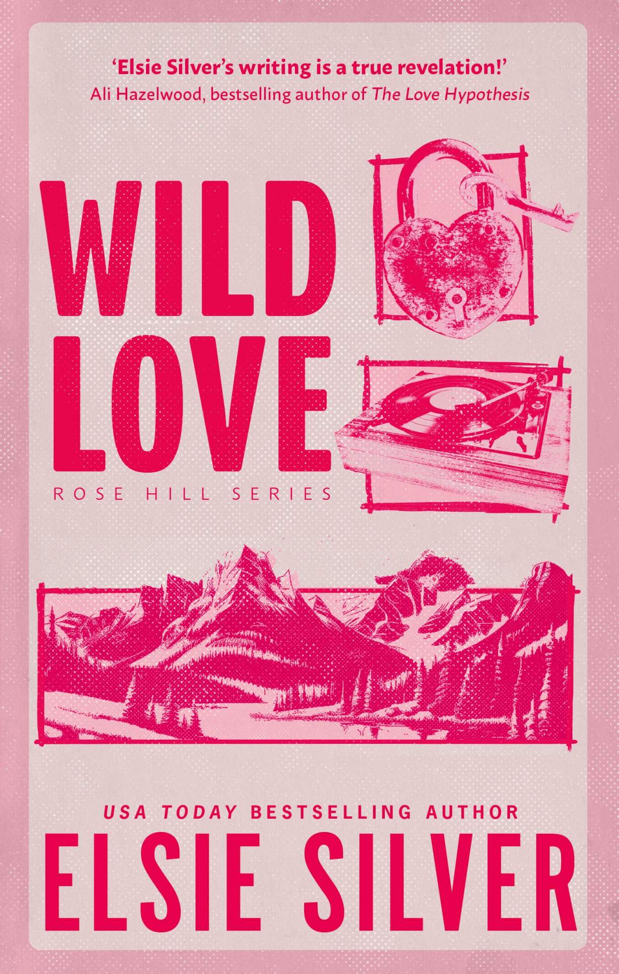 Book cover of 'Wild Love' featuring pink renderings of a mountain range and shaped lock