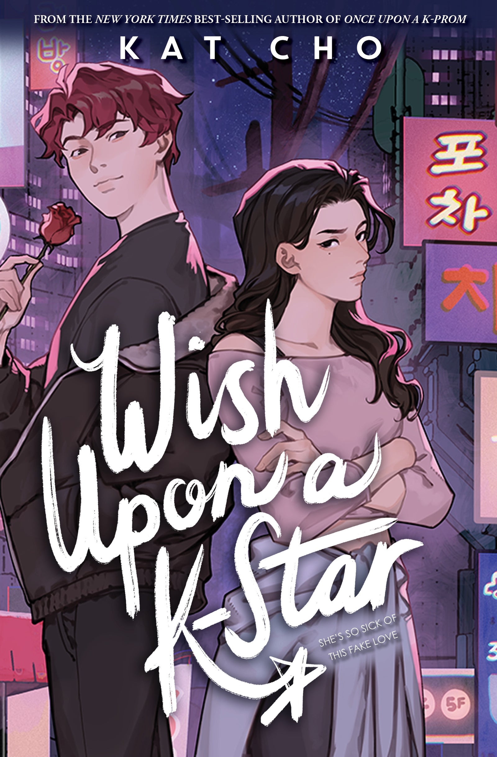 Book cover of 'Wish Upon a K-Star' with two characters back to back and a cityscape background