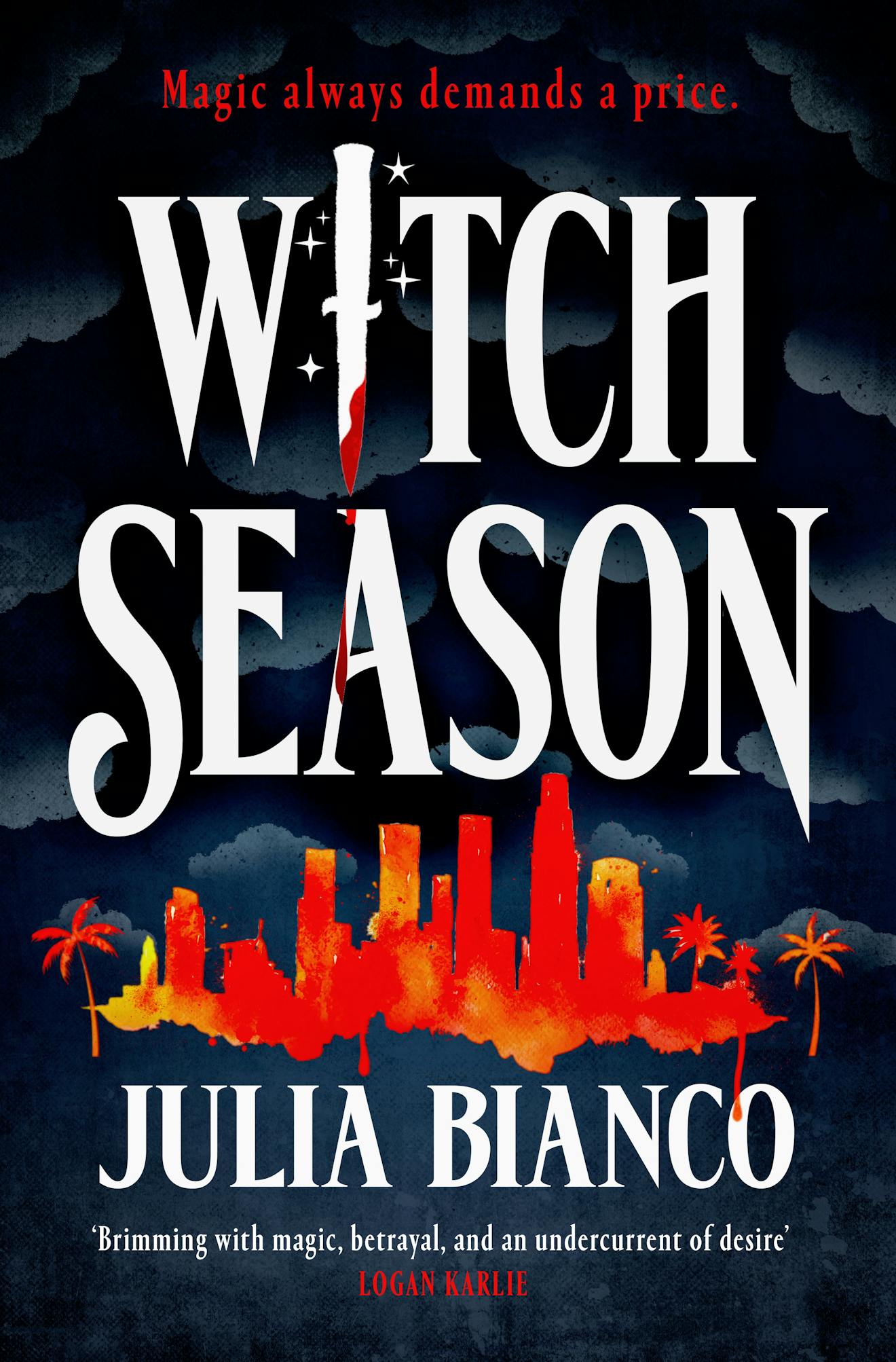 Book cover of 'Witch Season' with a dark stormy background and a red cityscape with palm trees