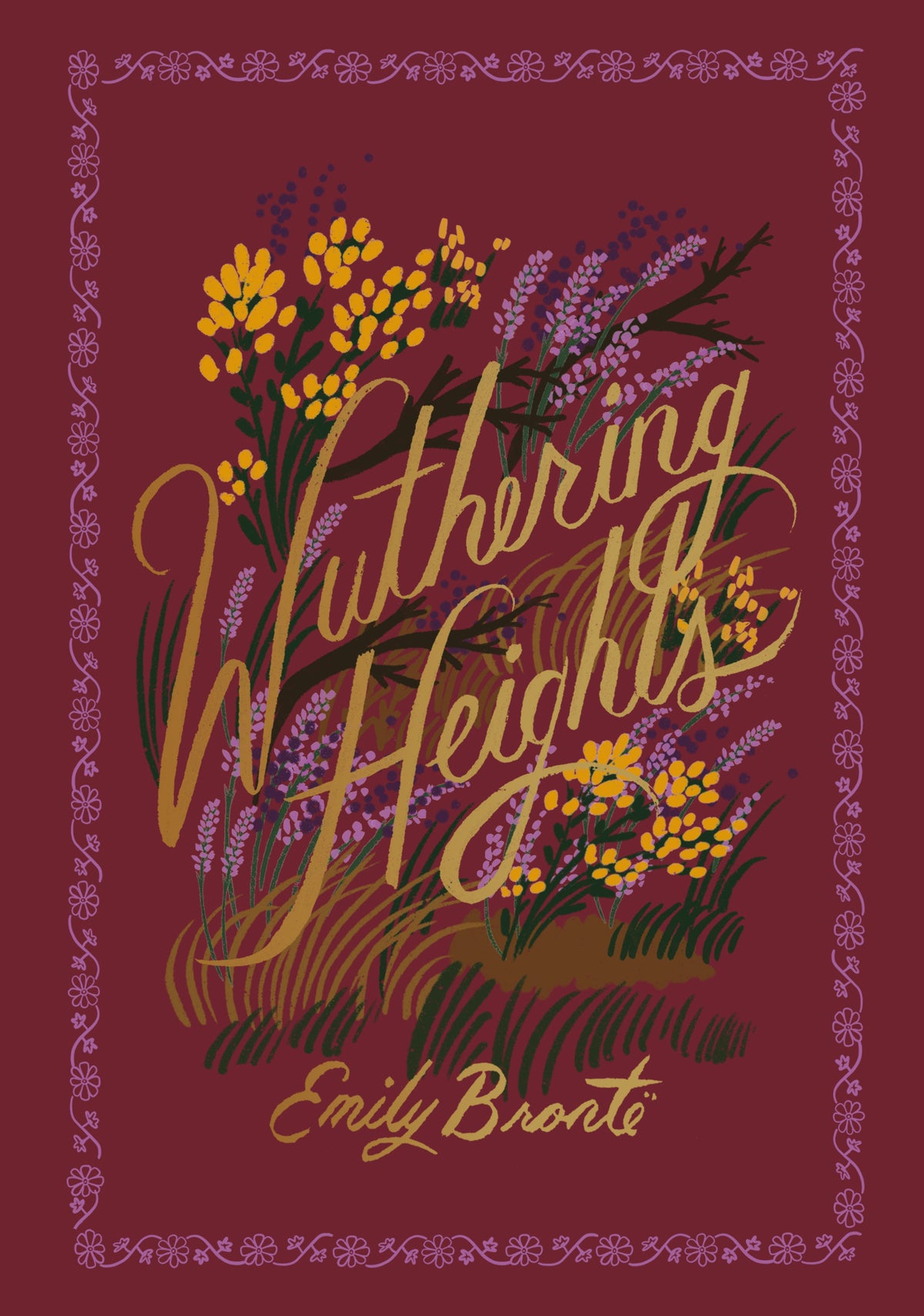 Book cover of 'Wuthering Heights' with floral design and purple border.