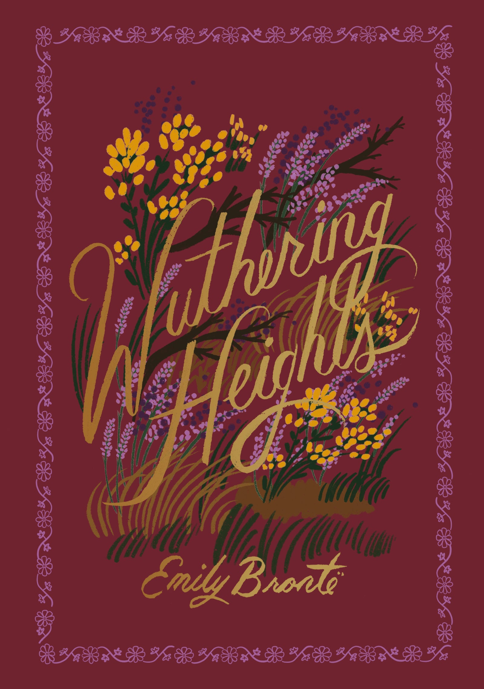 Book cover of 'Wuthering Heights' with floral design and purple border.