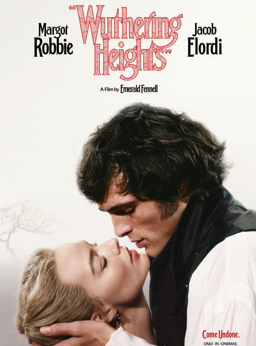 Movie poster for 'Wuthering Heights' featuring a couple embracing with text about actors and release date.