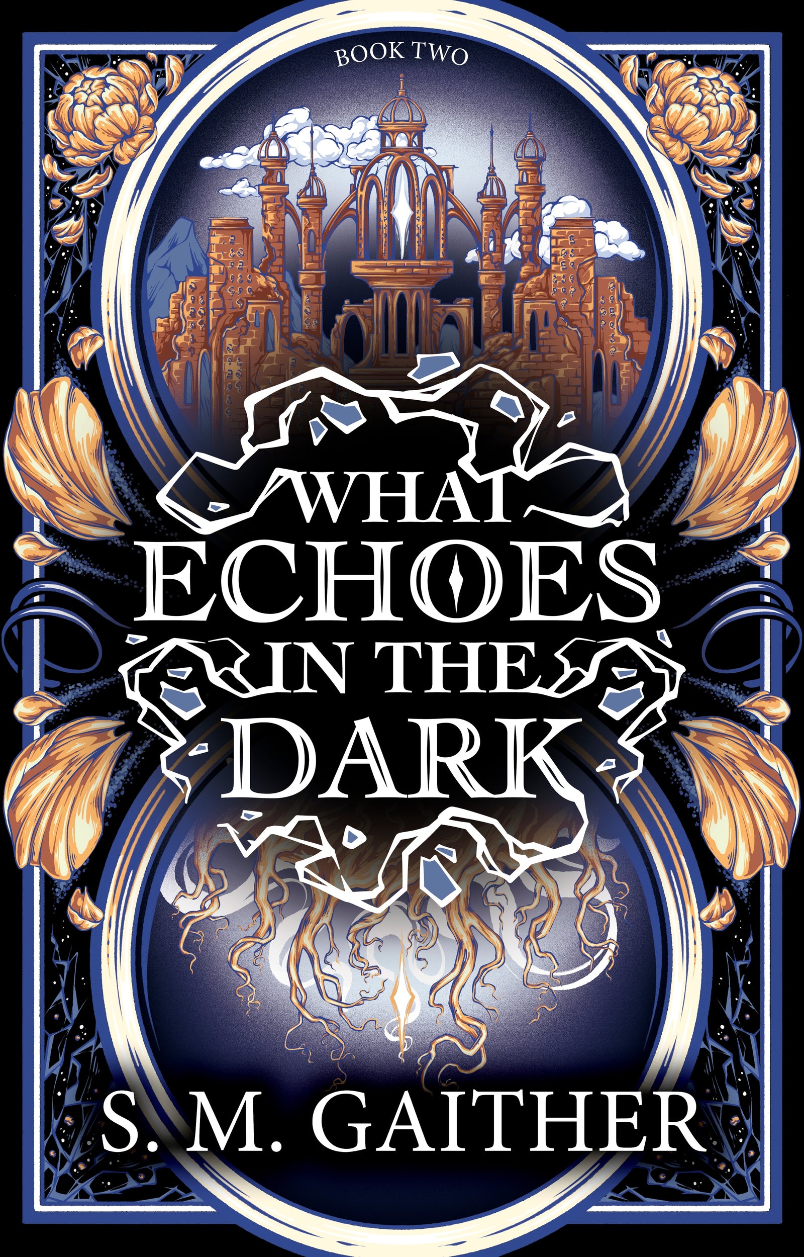Book cover of 'What Echoes in the Dark' by S. M. Gaither with decorative elements and castle illustration.