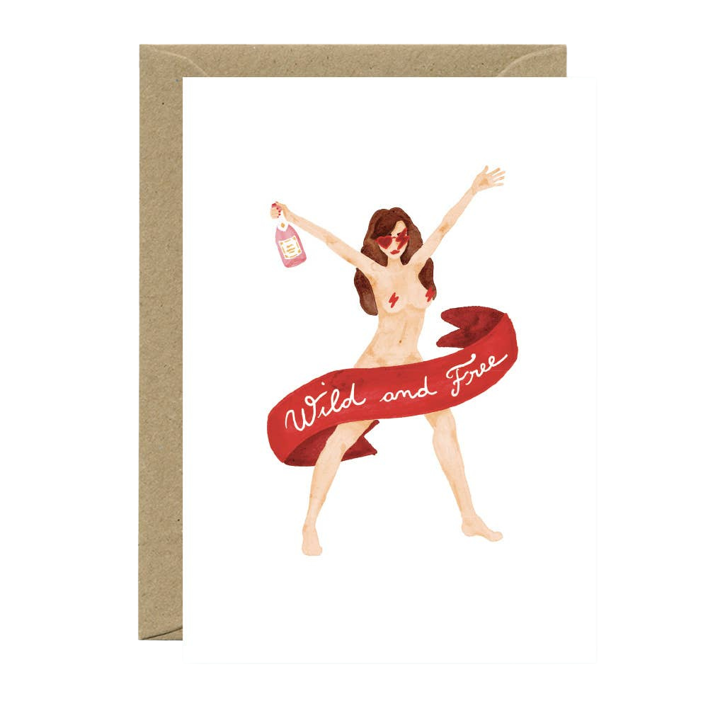 Card with a stylized illustration of a naked woman holding a bottle and a red banner with 'Wild and Free' text, on a white background.