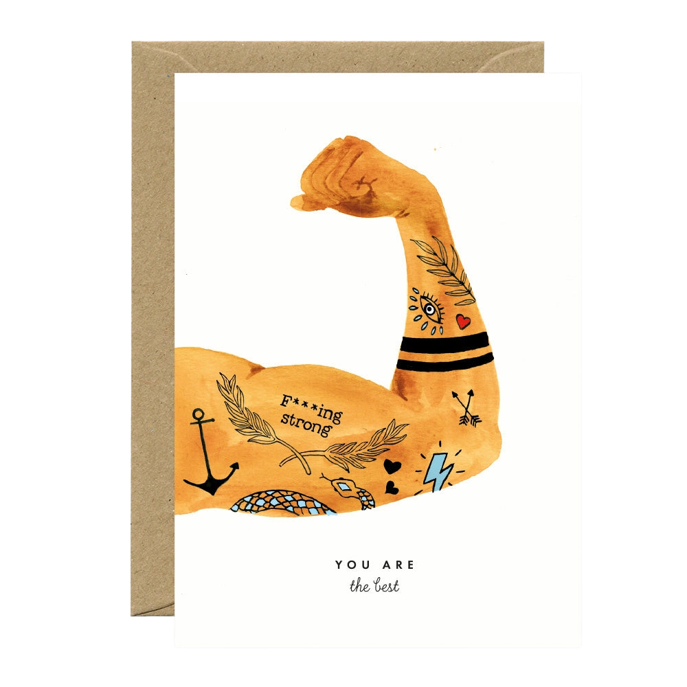 Card with a stylized arm flexing muscles and tattoos on a white background